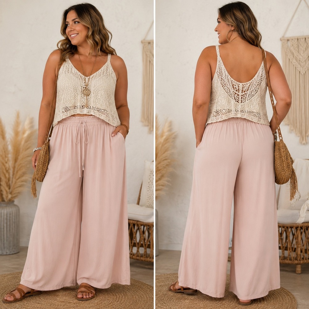 The Free Yoga Palazzo Pants Women's Large 12/14 Pale Pink Wide Leg Cotton NWT